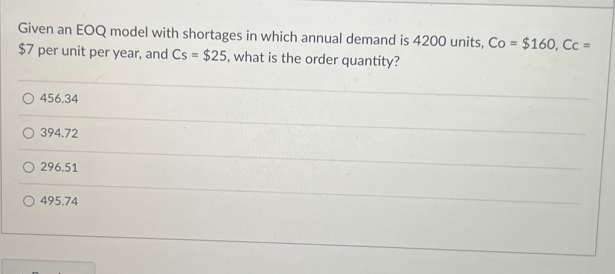  Given an EOQ model with shortages in which annual demand is