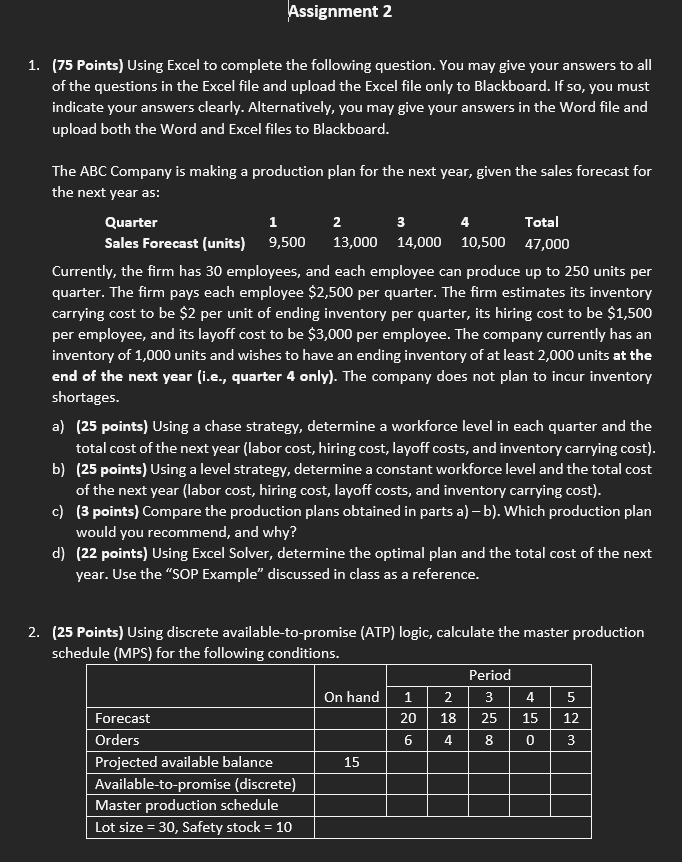 Assignment 2 (75 Points) Using Excel to complete the following question.