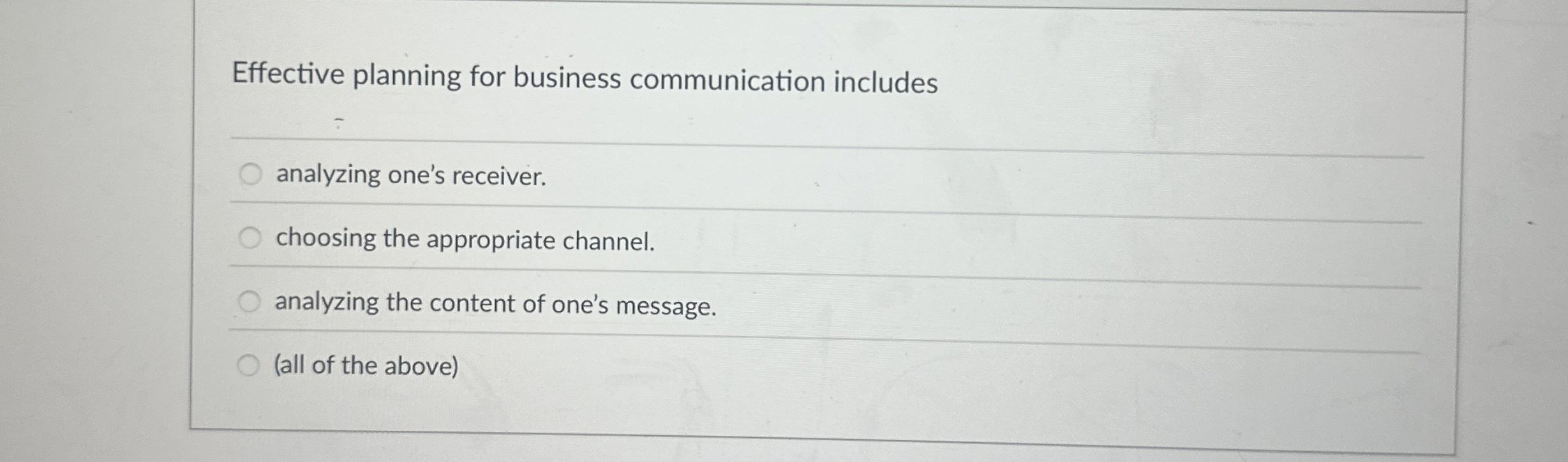  Effective planning for business communication includes analyzing one's receiver. choosing the