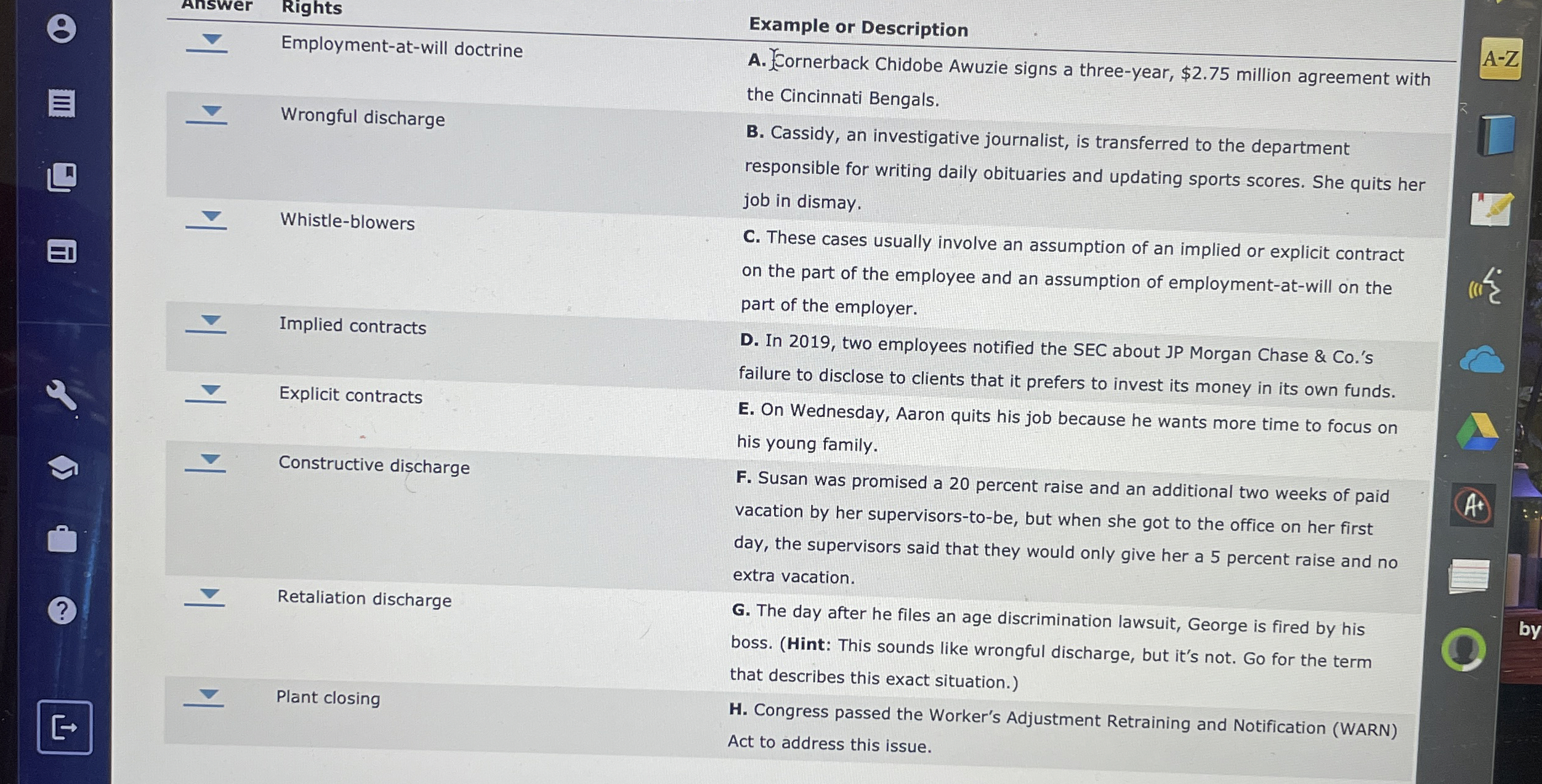  Example or Description Employment-at-will doctrine A. Eornerback Chidobe Awuzie signs a