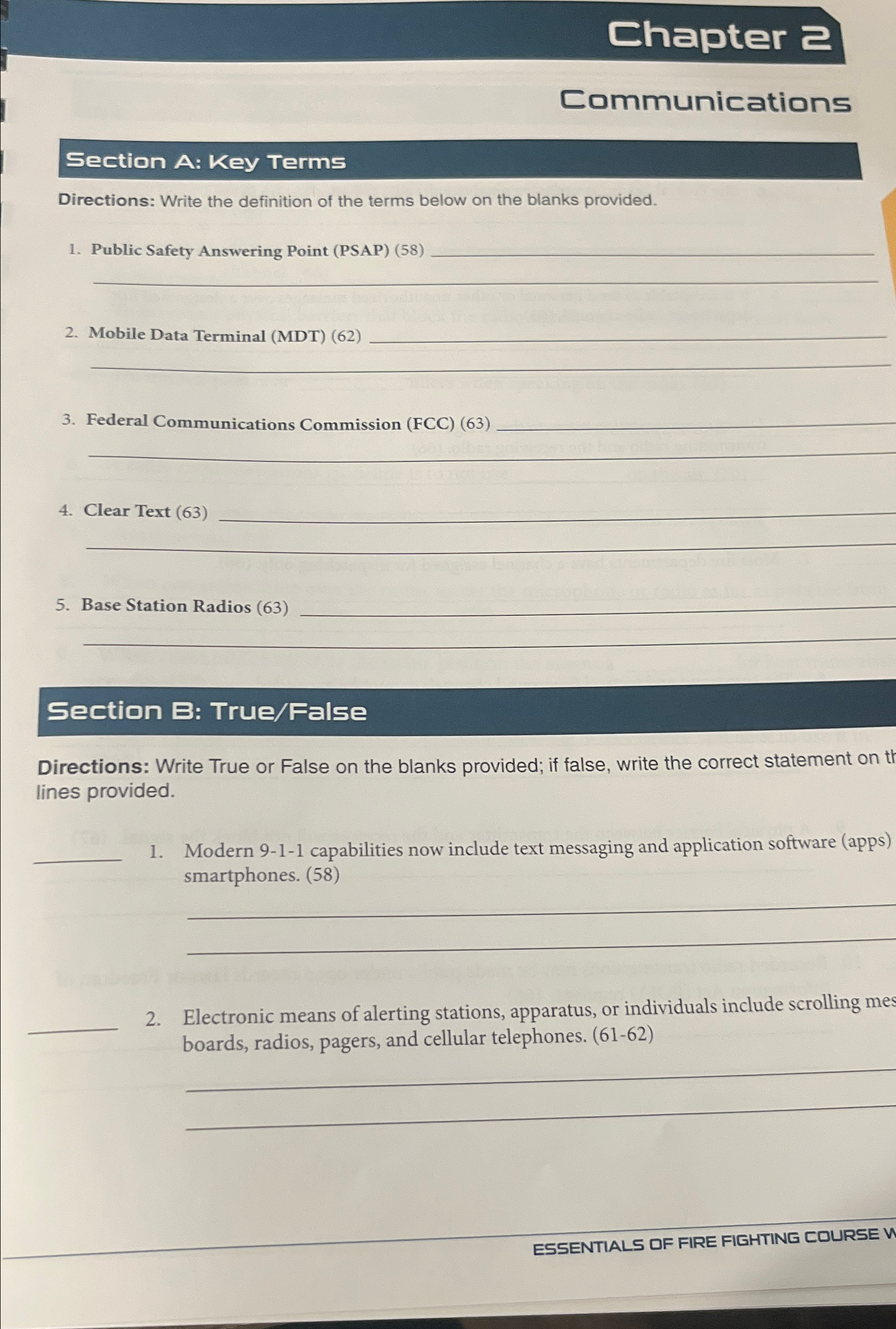  Chapter 2 Communications Section A: Key Terms Directions: Write the definition