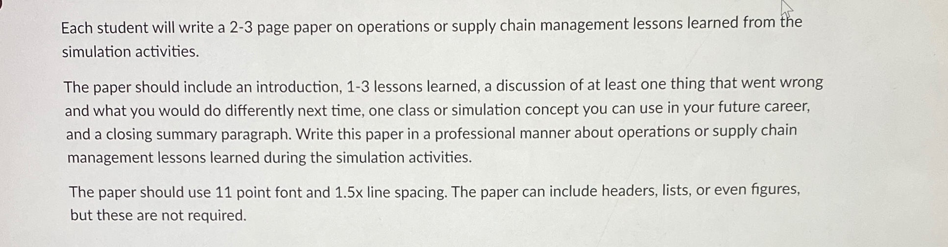  Each student will write a 2-3 page paper on operations or