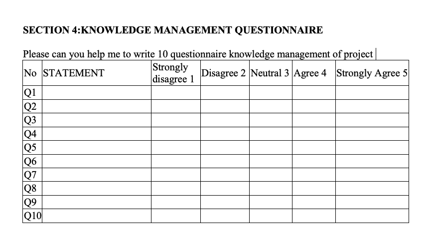  SECTION 4:KNOWLEDGE MANAGEMENT QUESTIONNAIRE Please can you help me to write