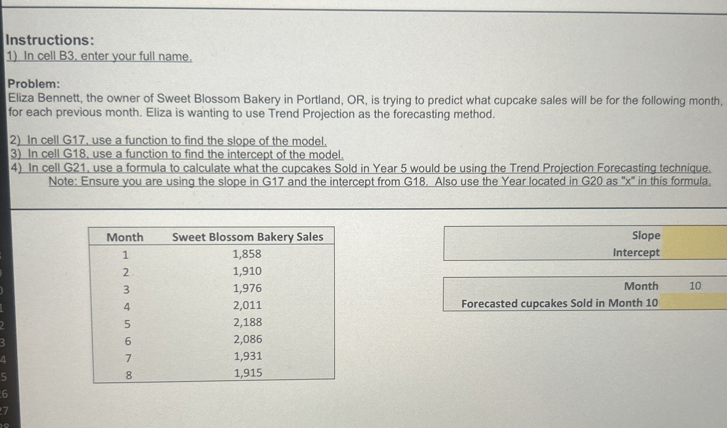  Instructions: In cell B3, enter your full name. Problem: Eliza Bennett,