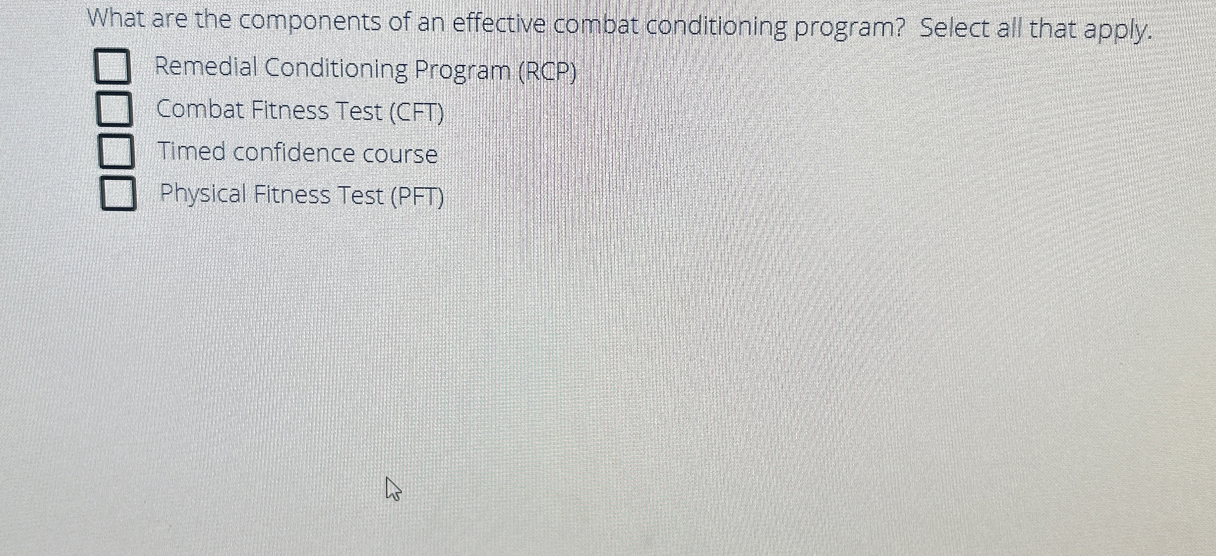  What are the components of an effective combat conditioning program? Select