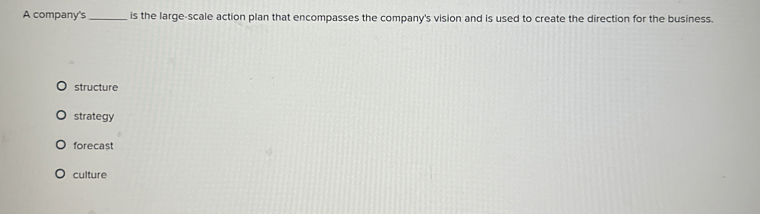  A company's is the large-scale action plan that encompasses the company's