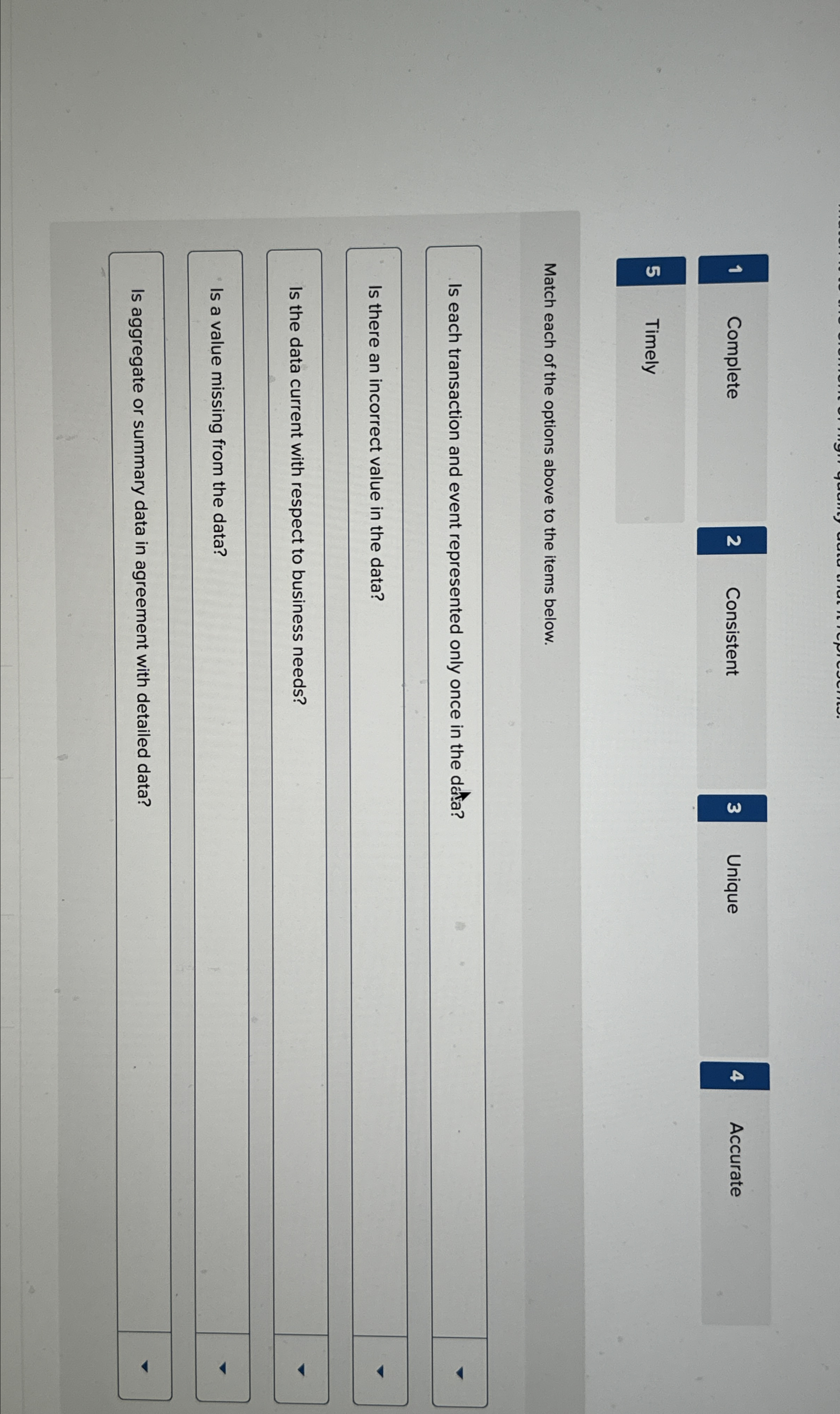  1 Complete 2 Consistent 3 Unique 4 Accurate 5 Timely Match