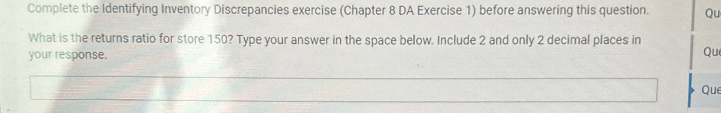  Complete the Identifying Inventory Discrepancies exercise (Chapter 8 DA Exercise 1)