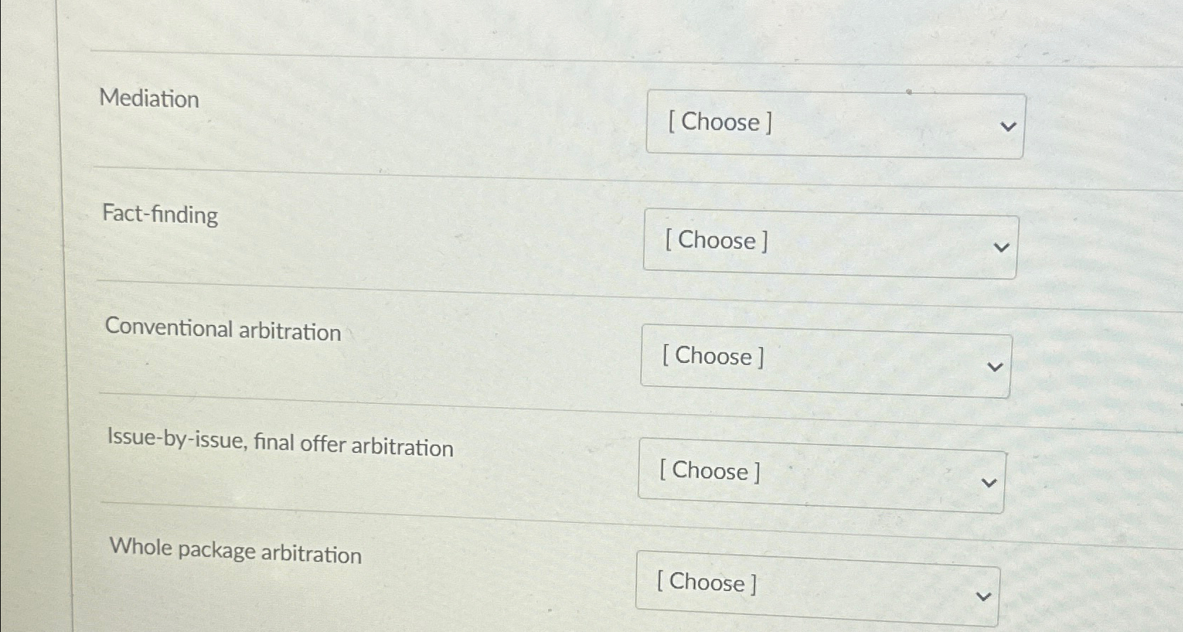  Mediation Fact-finding Conventional arbitration Issue-by-issue, final offer arbitration Whole package arbitration