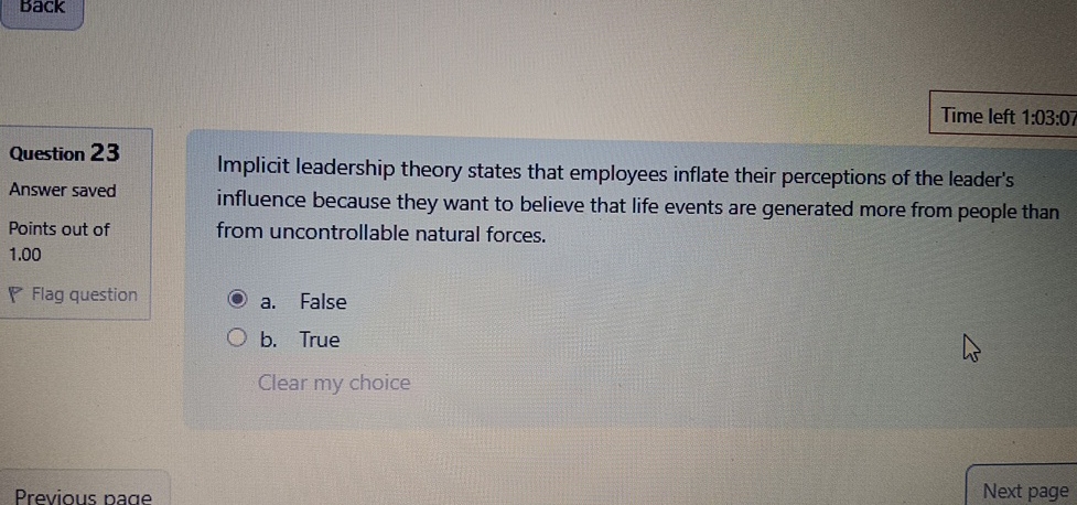  Time left 1:03:07 Question 23 Answer saved Points out of 1.00