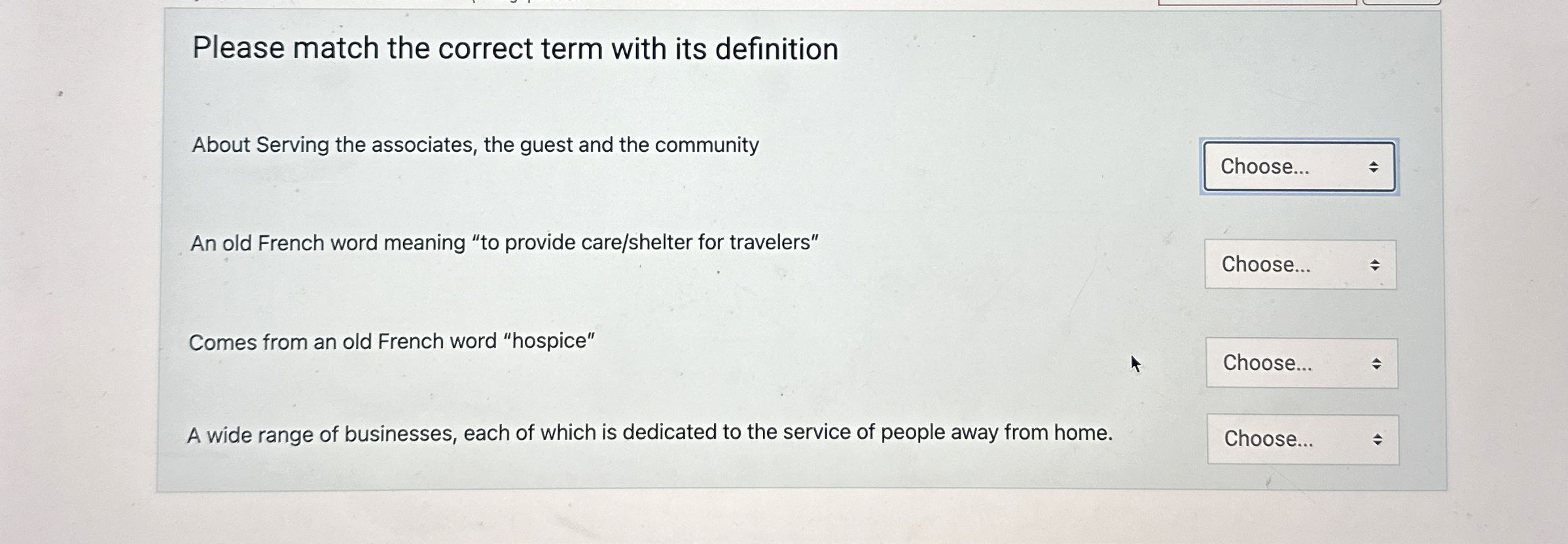  Please match the correct term with its definition About Serving the