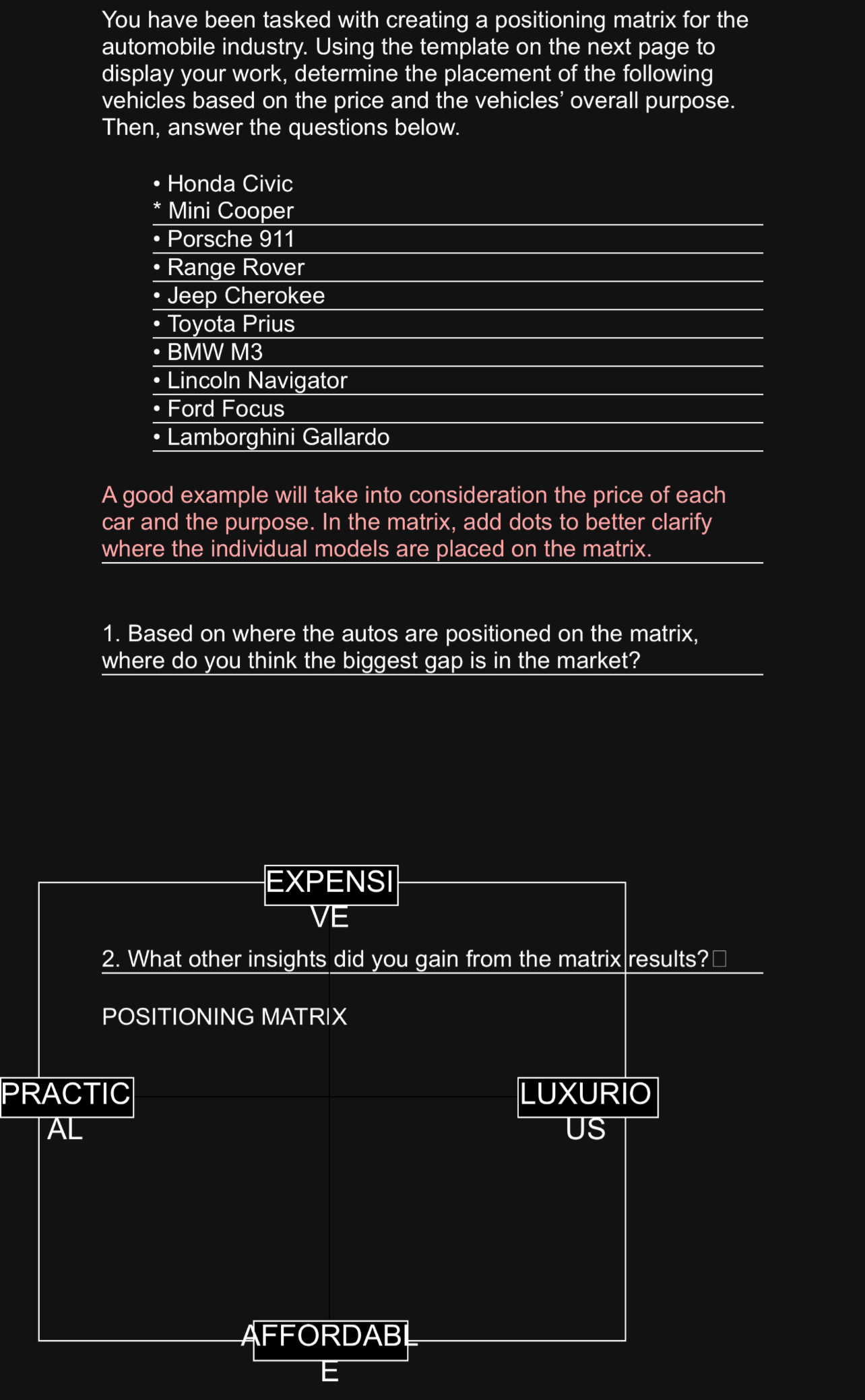  You have been tasked with creating a positioning matrix for the