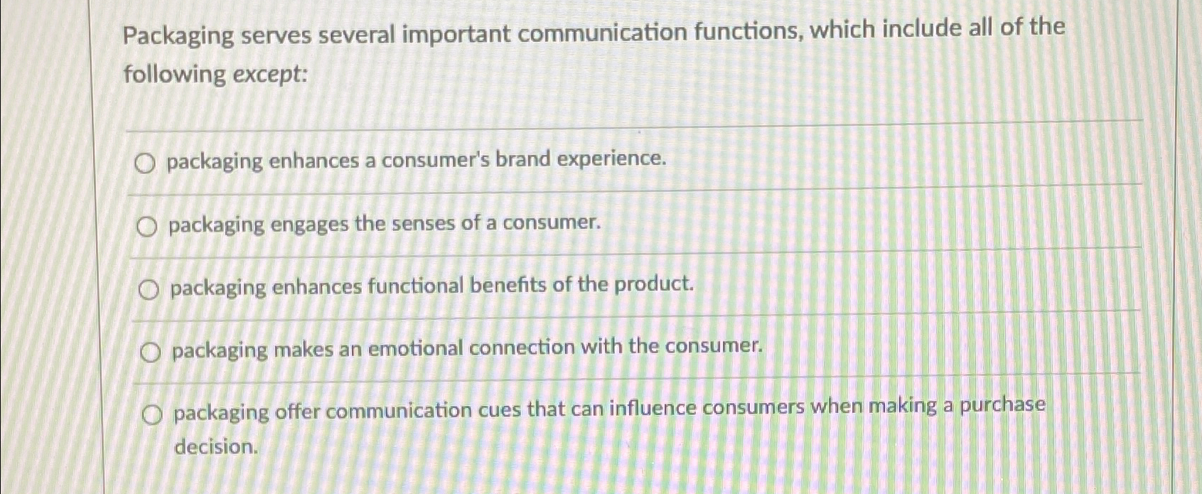  Packaging serves several important communication functions, which include all of the