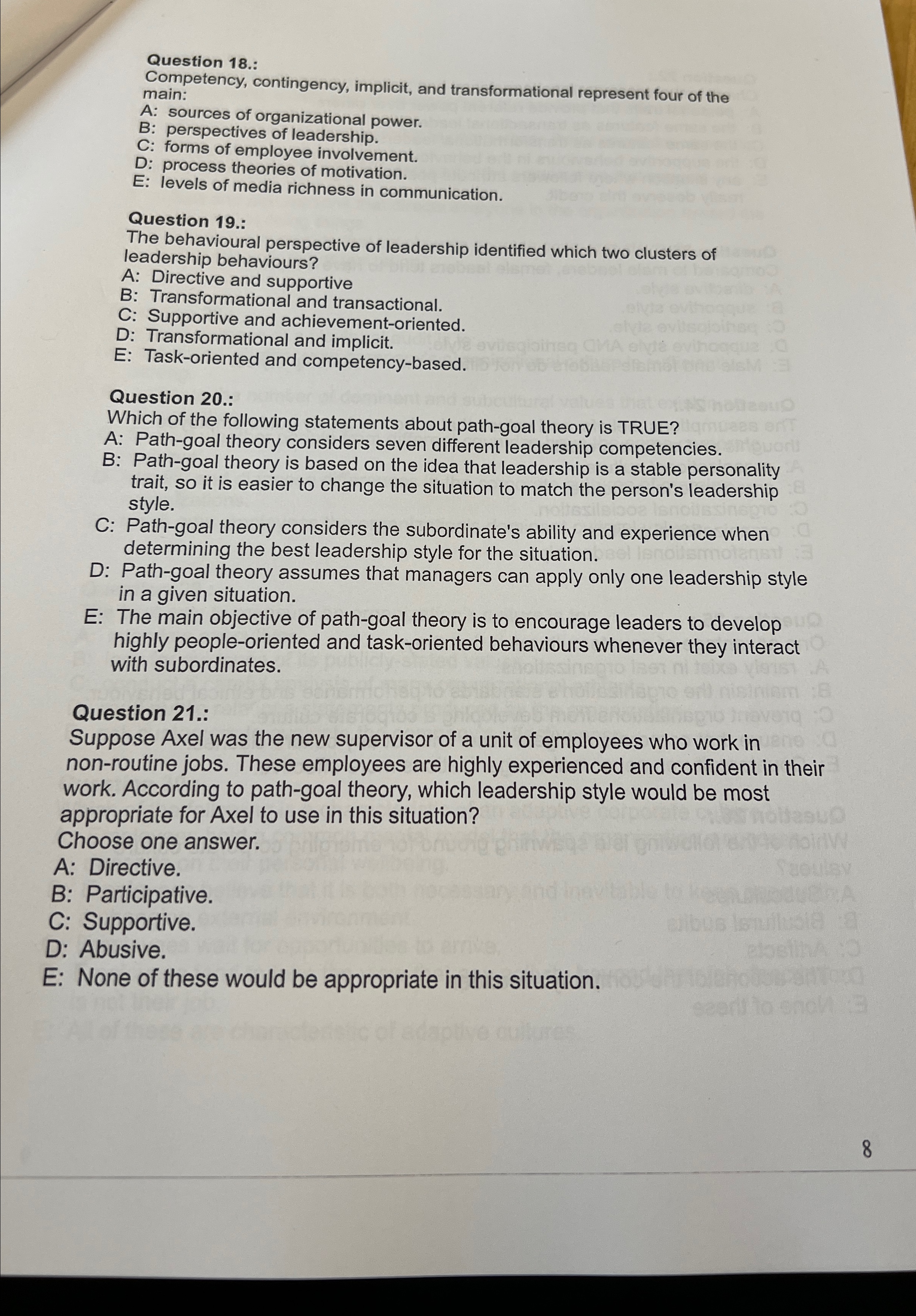 Question 18.: Competency, contingency, implicit, and transformational represent four of the