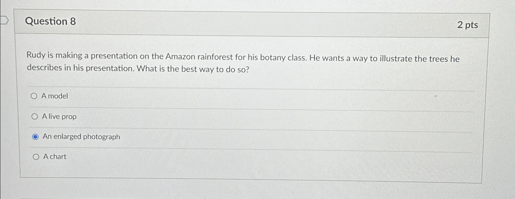  Question 8 2pts Rudy is making a presentation on the Amazon