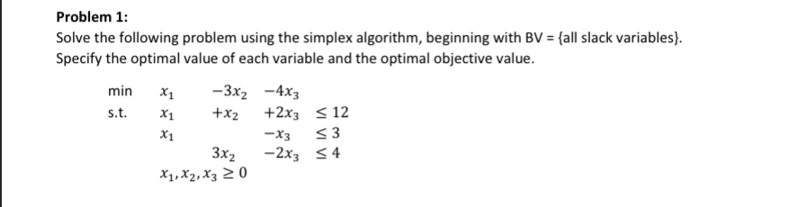  Problem 1: Solve the following problem using the simplex algorithm, beginning