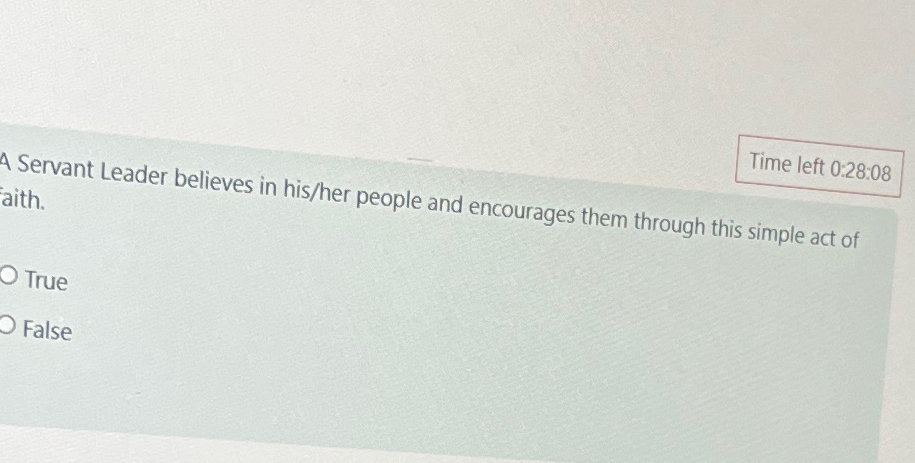  Time left 0:28:08 4 Servant Leader believes in his/her people and