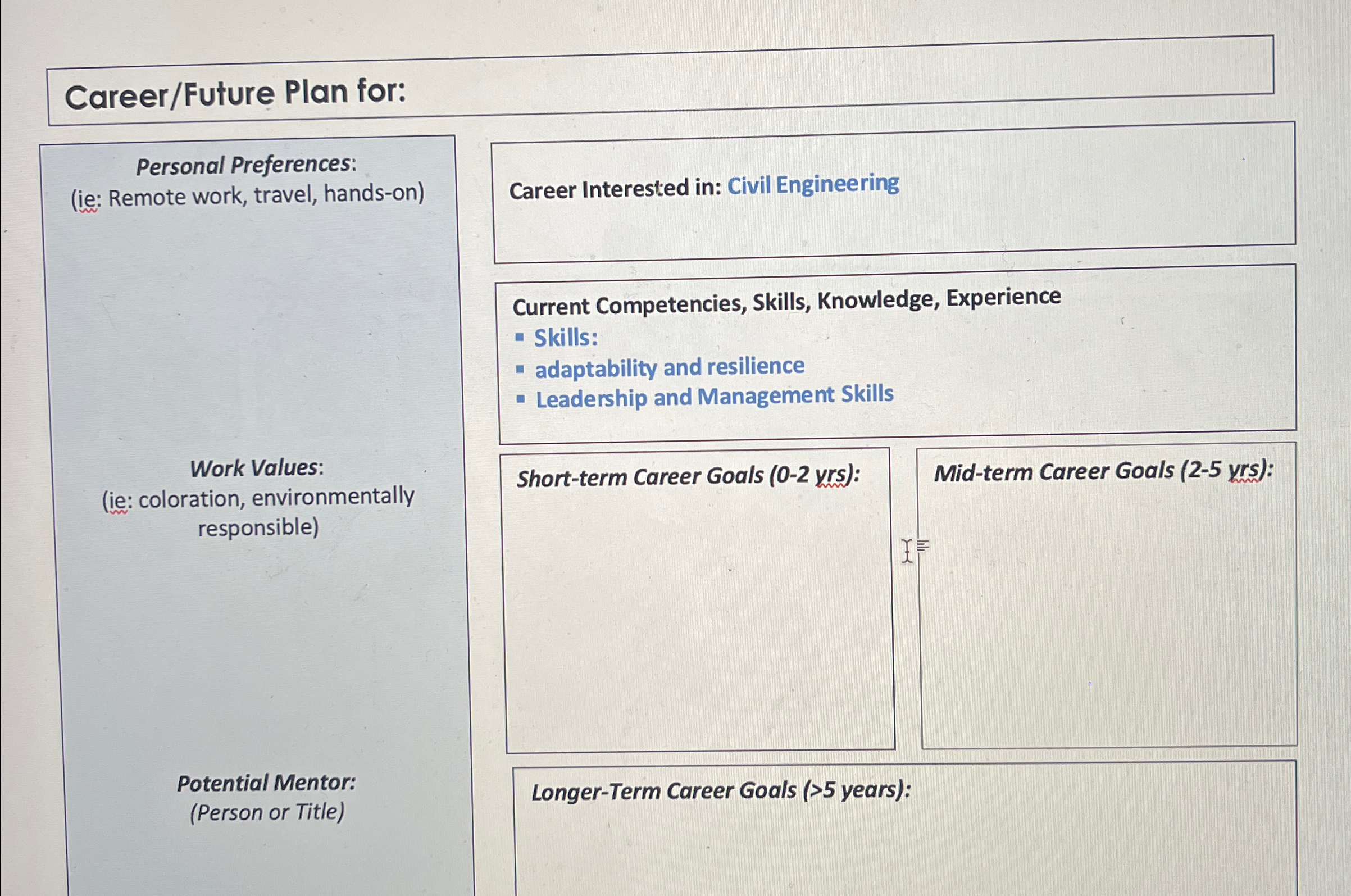  Career/Future Plan for: Personal Preferences: (ie: Remote work, travel, hands-on) Work