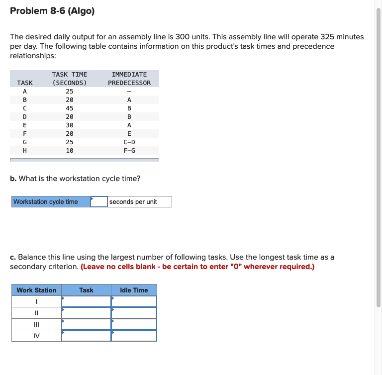  Problem 8-6(Algo) The desired daily output for an assembly line is