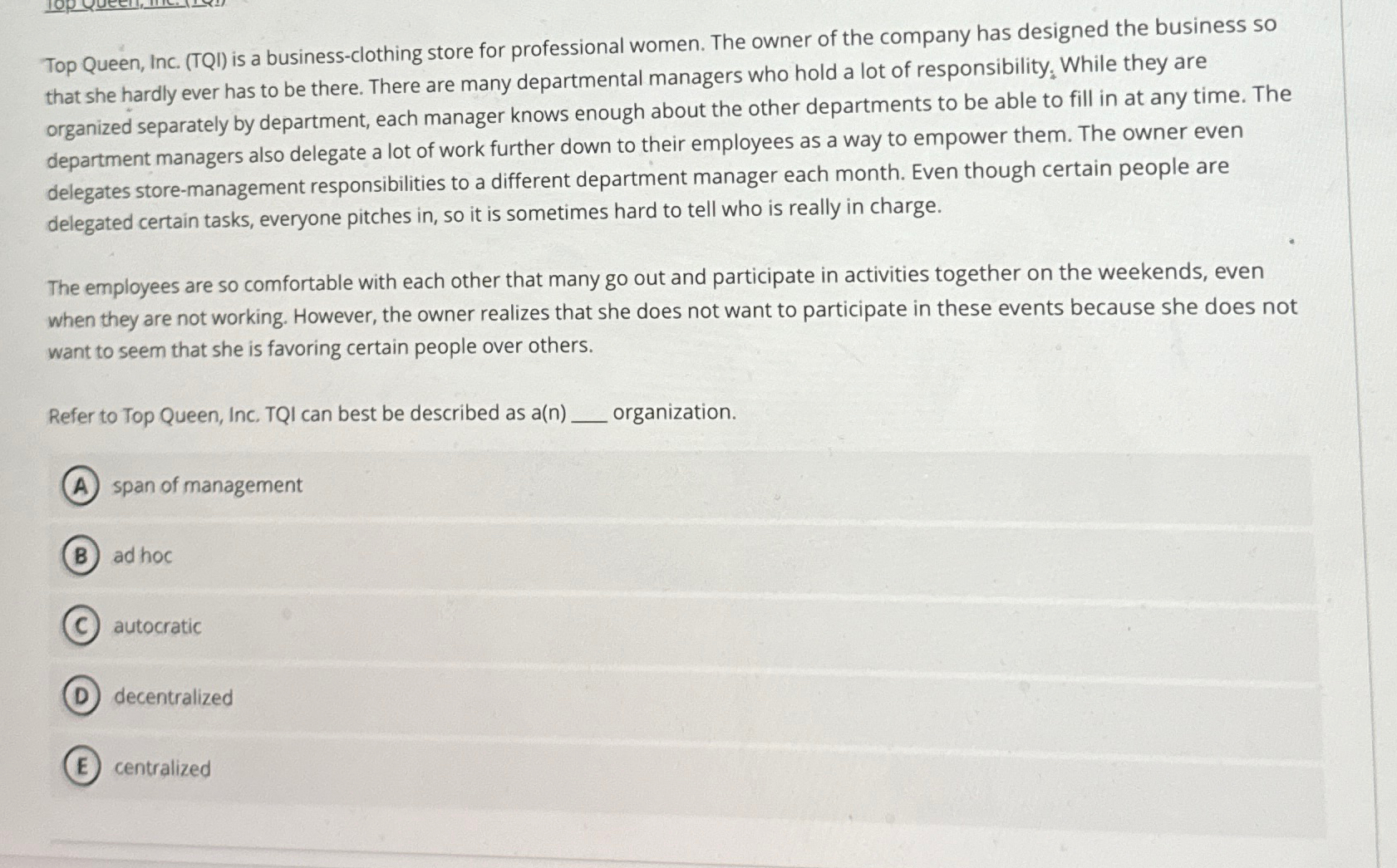  Top Queen, Inc. (TQI) is a business-clothing store for professional women.