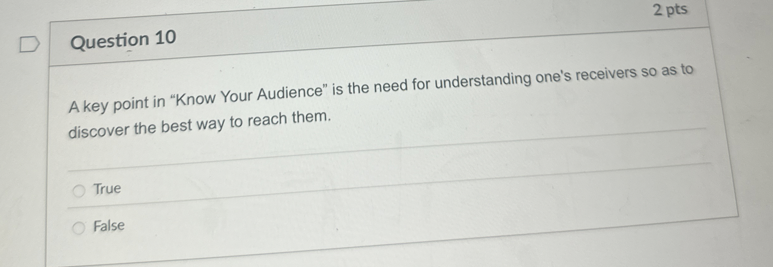  Question 10 A key point in "Know Your Audience" is the