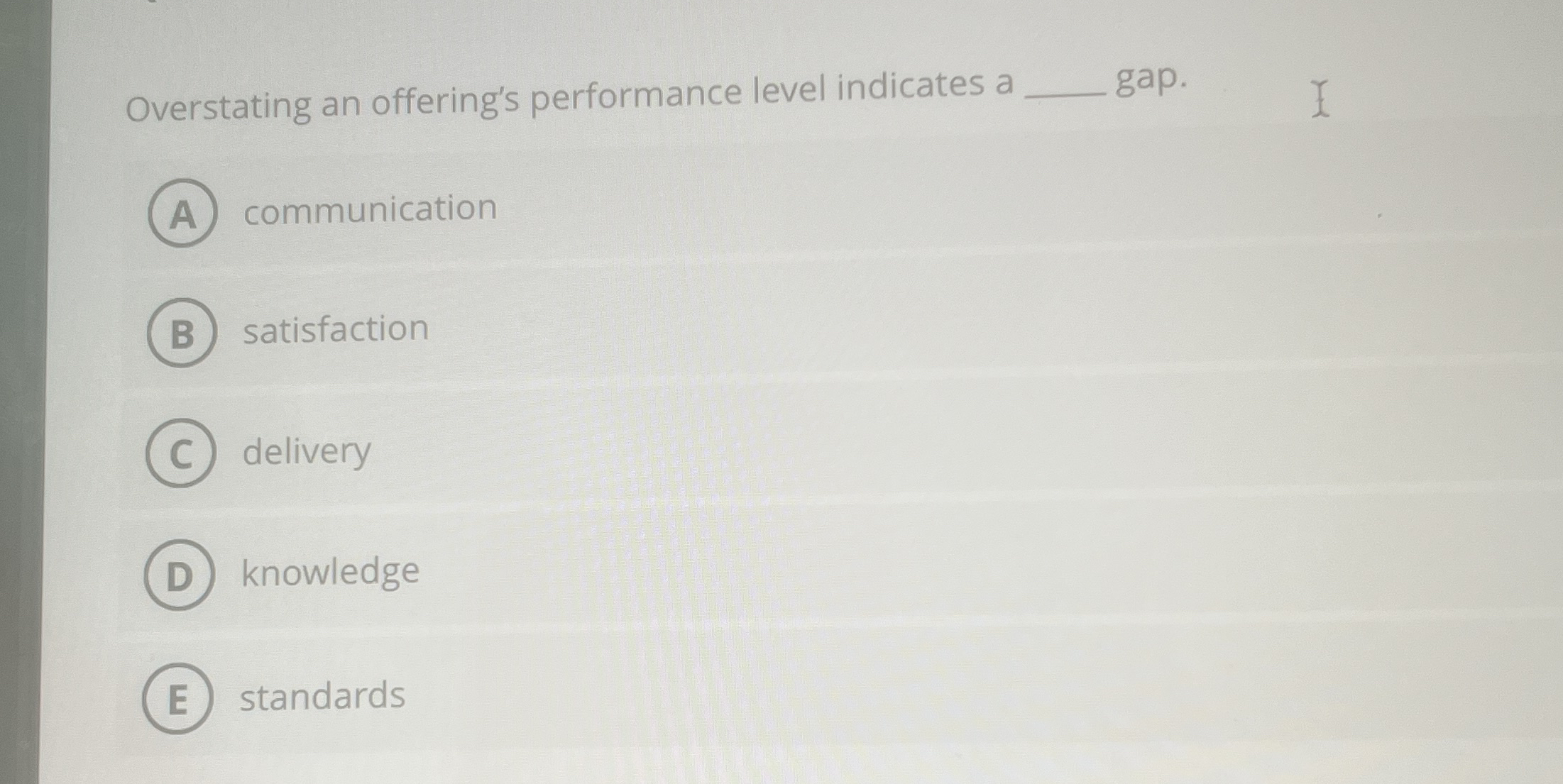  Overstating an offering's performance level indicates a gap. communication satisfaction delivery