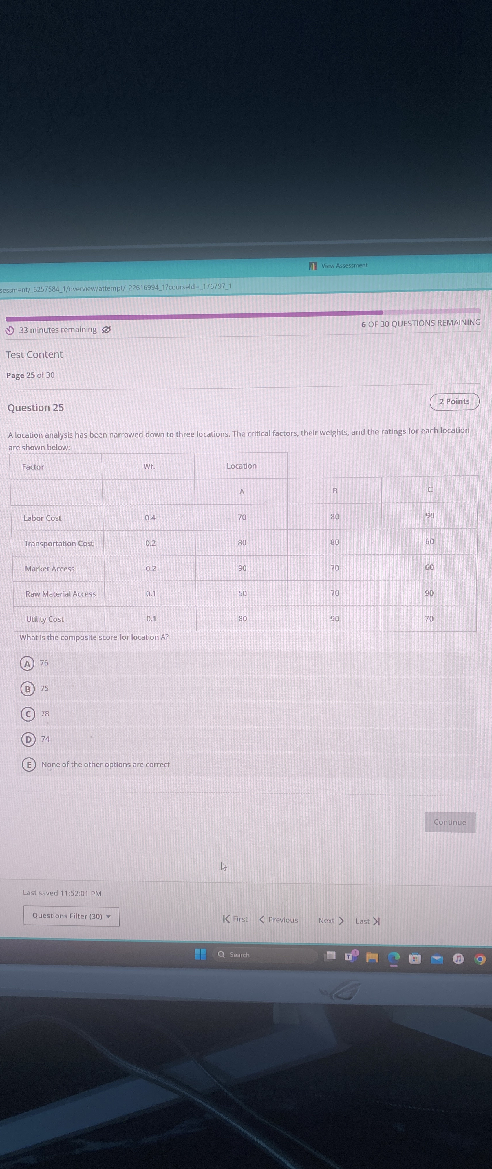  View Assessment sessment/_6257584_1/overview/attempt/_22616994_1?courseld=_176797_1 33 minutes remaining O? 6 OF 30 QUESTIONS