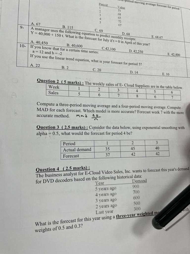  Question (9) A manager uses the following equation to predict monthly