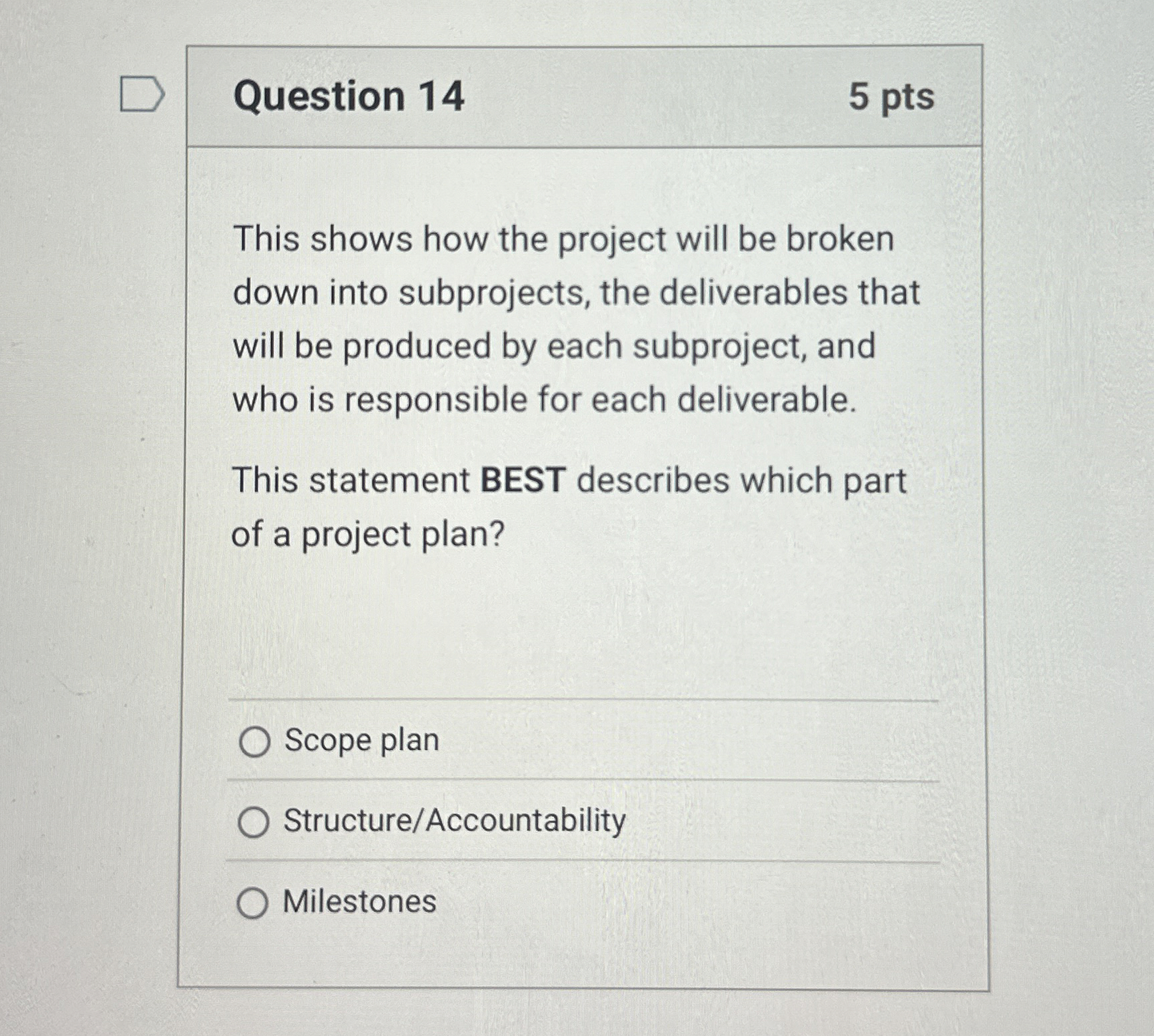  Question 14 5 pts This shows how the project will be