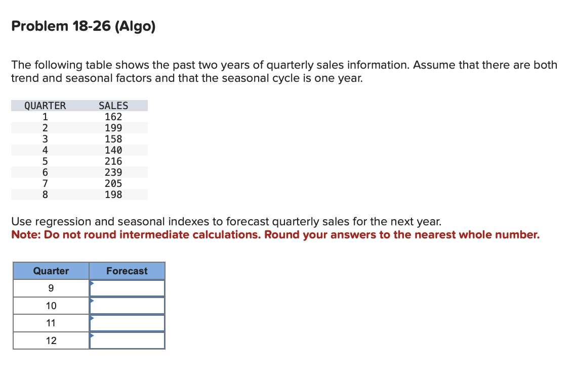 Problem 18-26(Algo) The following table shows the past two years of
