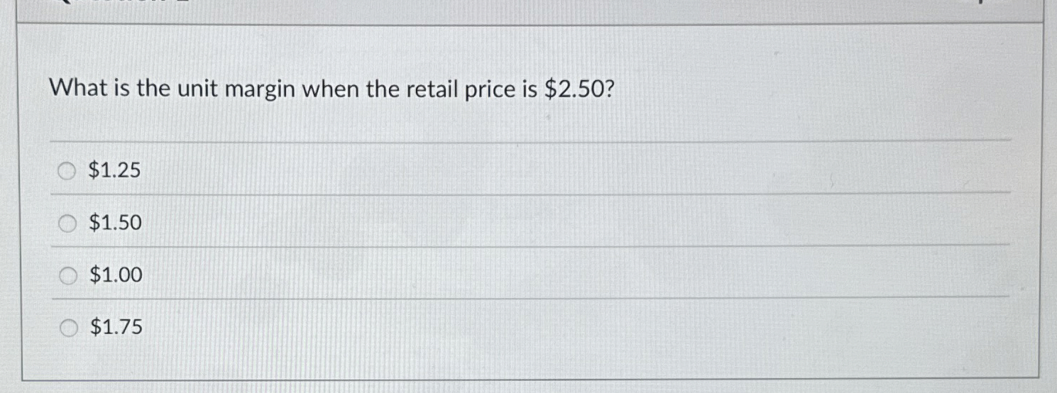  What is the unit margin when the retail price is $2.50?