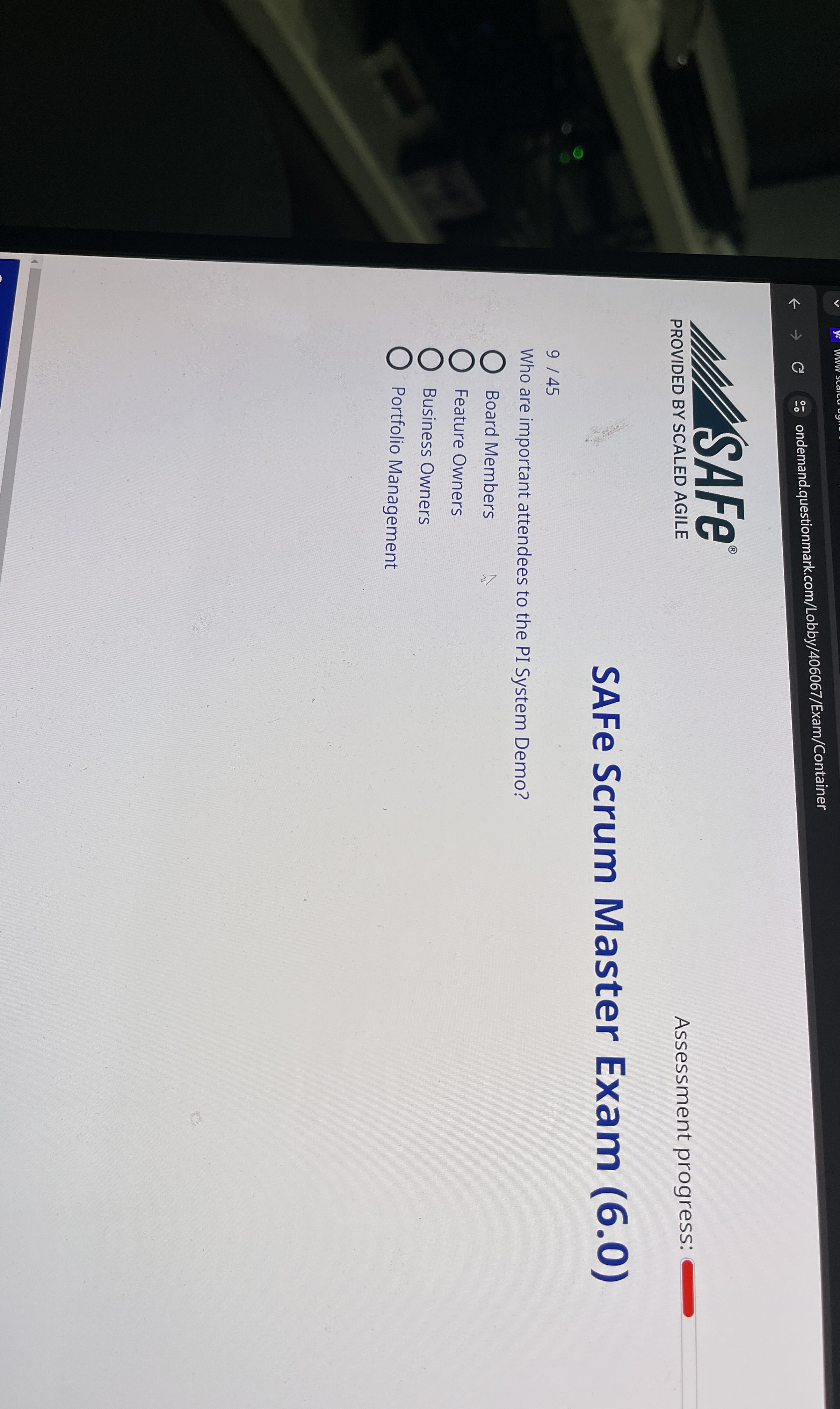  ondemand.questionmark.com/Lobby/406067/Exam/Container PROVIDED BY SCALED AGILE Assessment progress: SAFe Scrum Master Exam