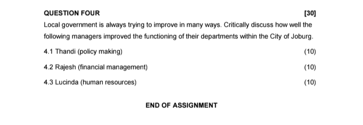  QUESTION FOUR [30] Local government is always trying to improve in
