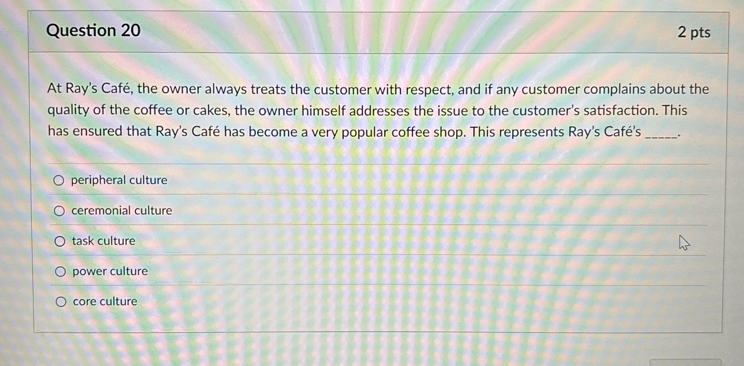  Question 20 At Ray's Caf, the owner always treats the customer
