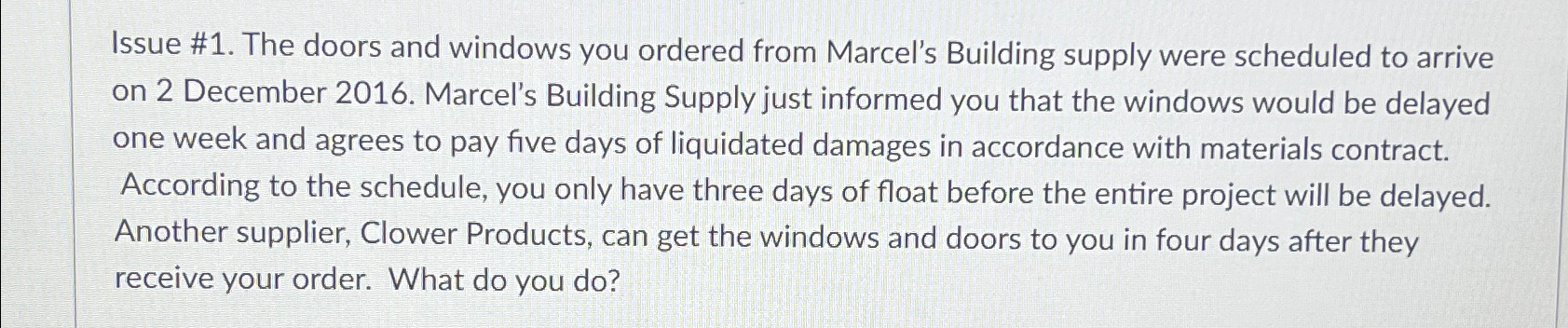  Issue #1. The doors and windows you ordered from Marcel's Building