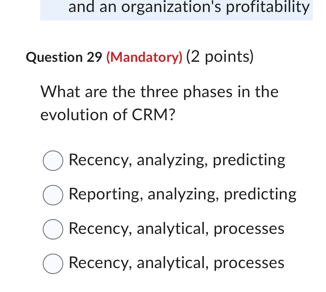  and an organization's profitability Question 29(Mandatory)(2 points) What are the three