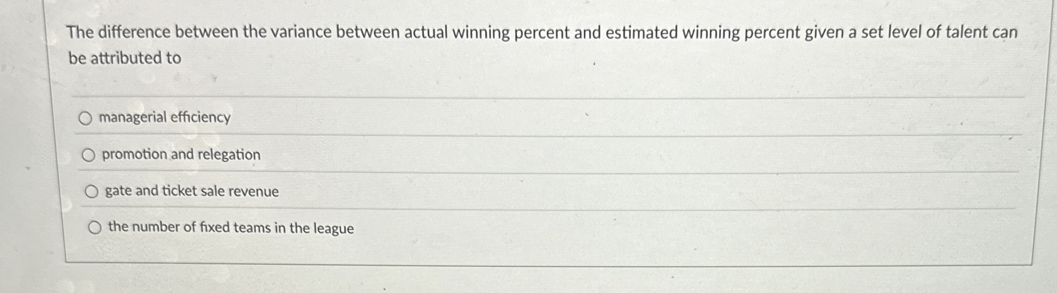  The difference between the variance between actual winning percent and estimated