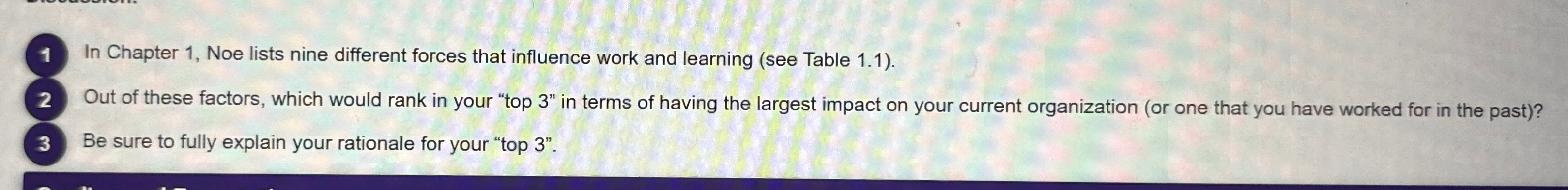  1 In Chapter 1, Noe lists nine different forces that influence