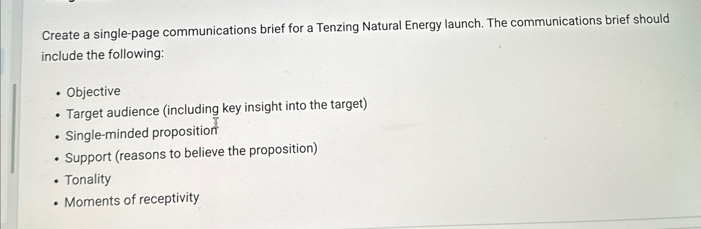  Create a single-page communications brief for a Tenzing Natural Energy launch.