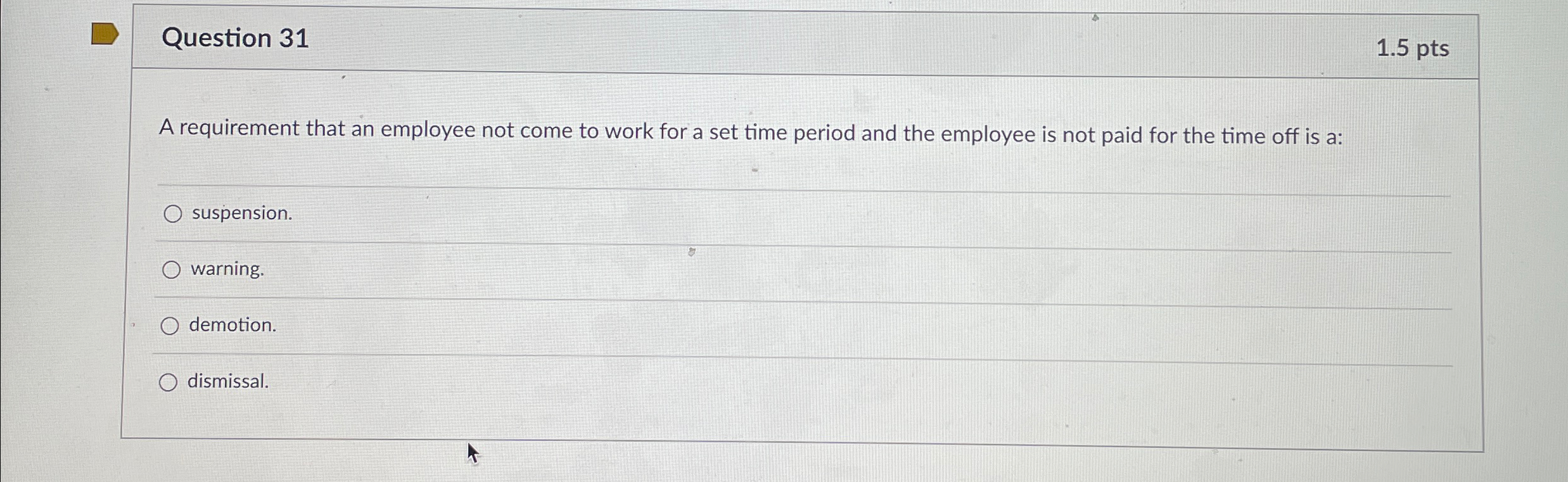  Question 31 1.5pts A requirement that an employee not come to