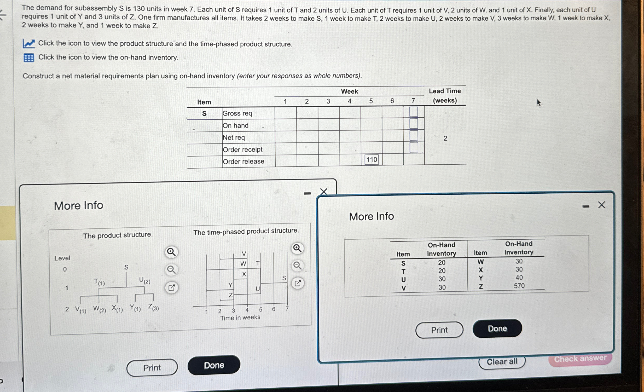  The demand for subassembly S is 130 units in week 7.