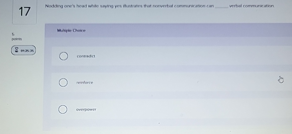  17 Nodding one's head while saying yes illustrates that nonverbal communication