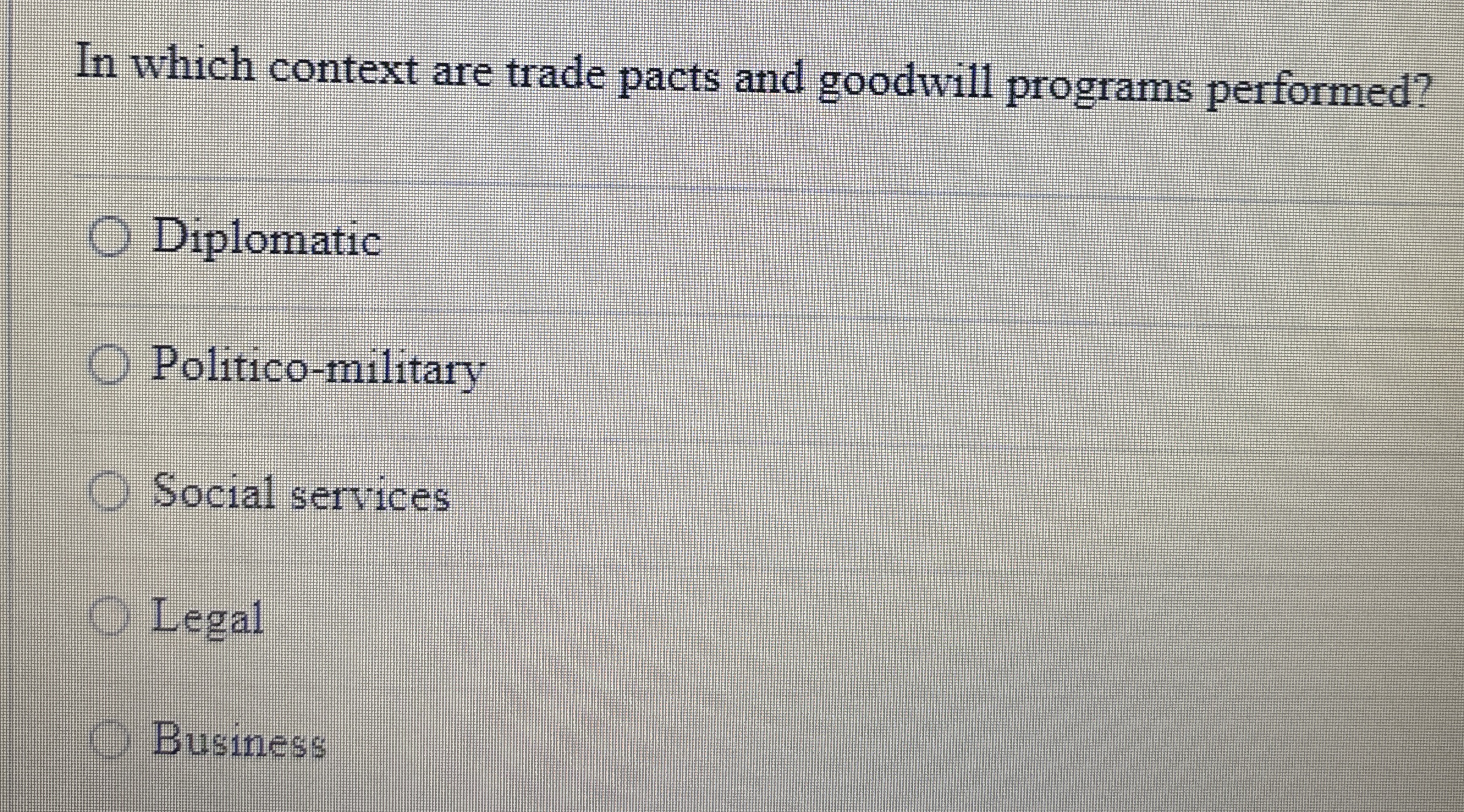  In which context are trade pacts and goodwill programs performed? Diplomatic