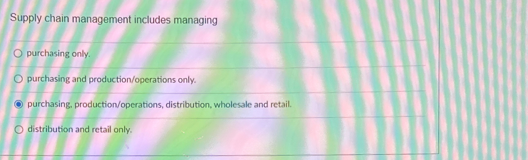  Supply chain management includes managing purchasing only. purchasing and production/operations only.
