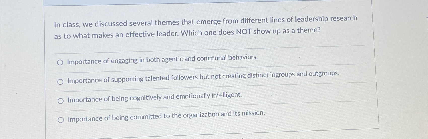  In class, we discussed several themes that emerge from different lines