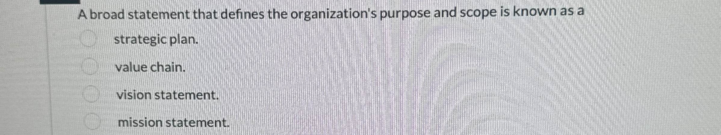  A broad statement that defines the organization's purpose and scope is