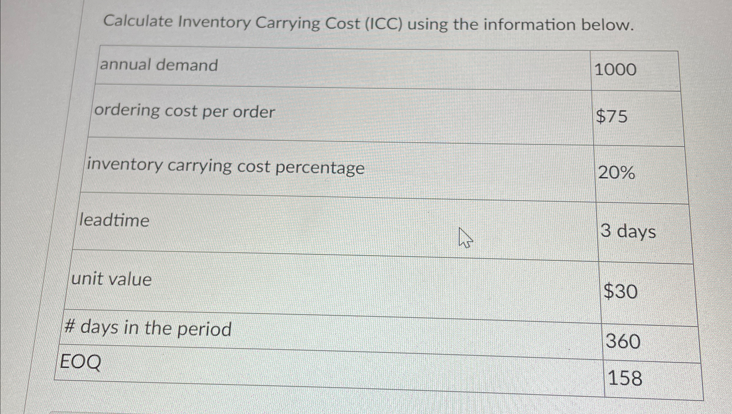  Calculate Inventory Carrying Cost (ICC) using the information below. \table[[annual demand,1000],[ordering