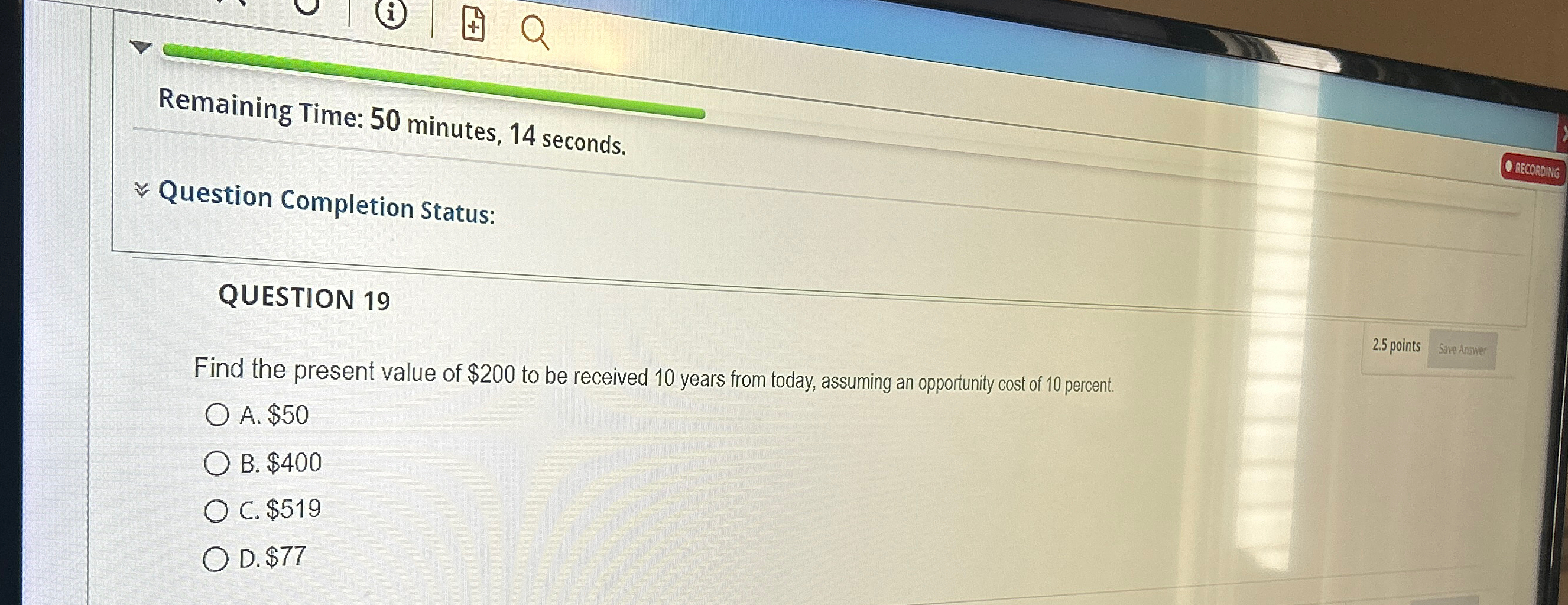  Remaining Time: 50 minutes, 14 seconds. :' Question Completion Status: QUESTION