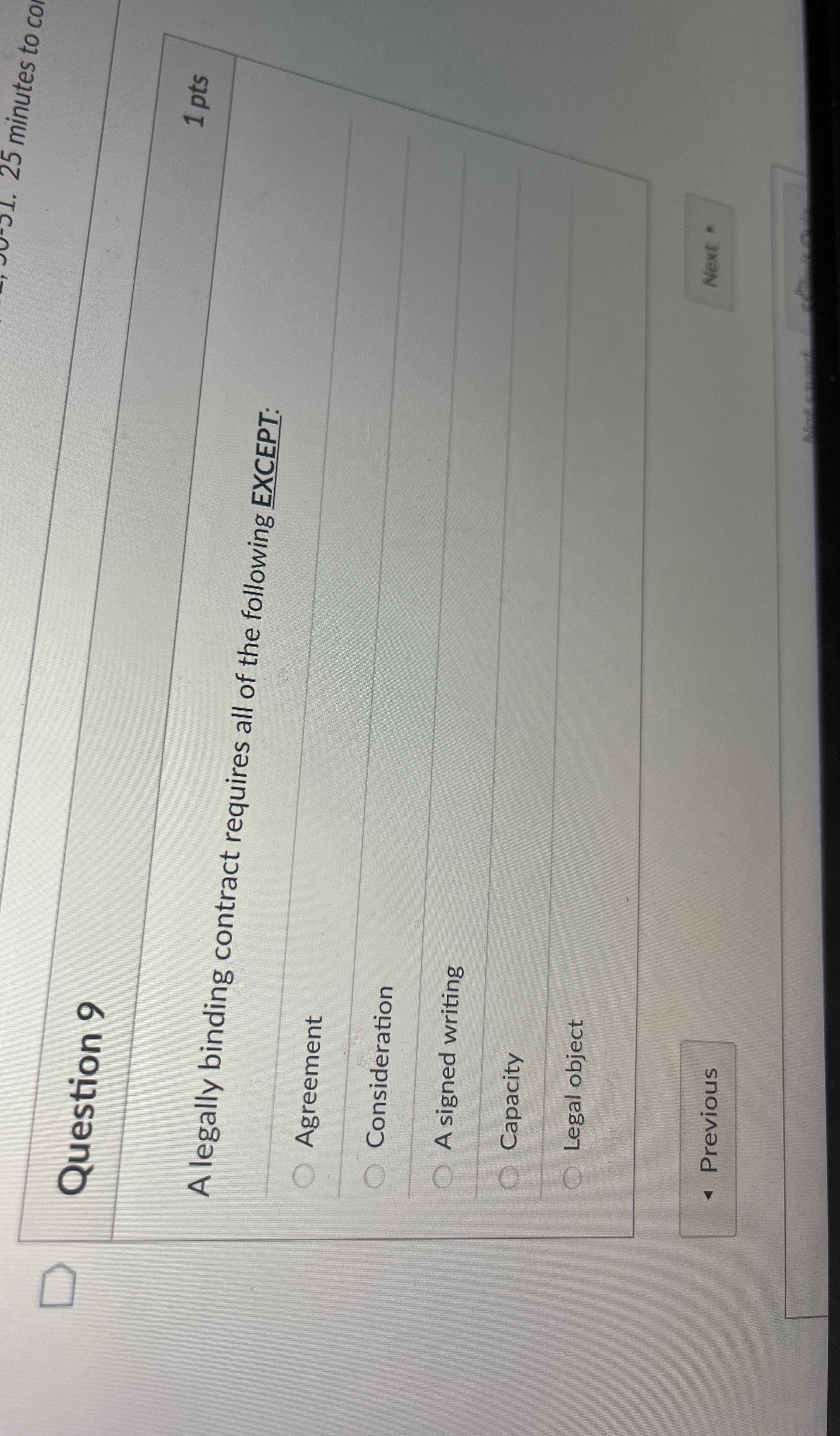  Question 9 1 pts A legally binding contract requires all of