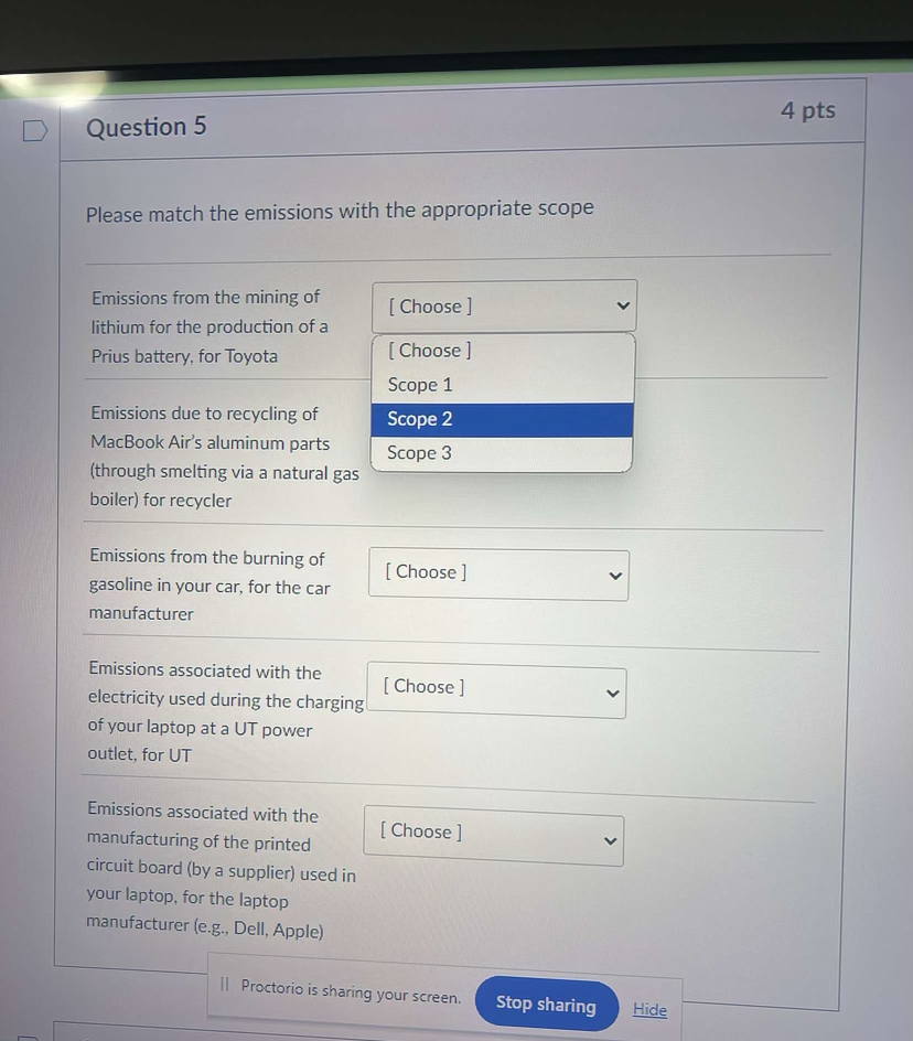  Question 5 Please match the emissions with the appropriate scope Emissions